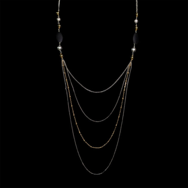 Collana fantasia 257 catena tripla con maglia gommata e perle